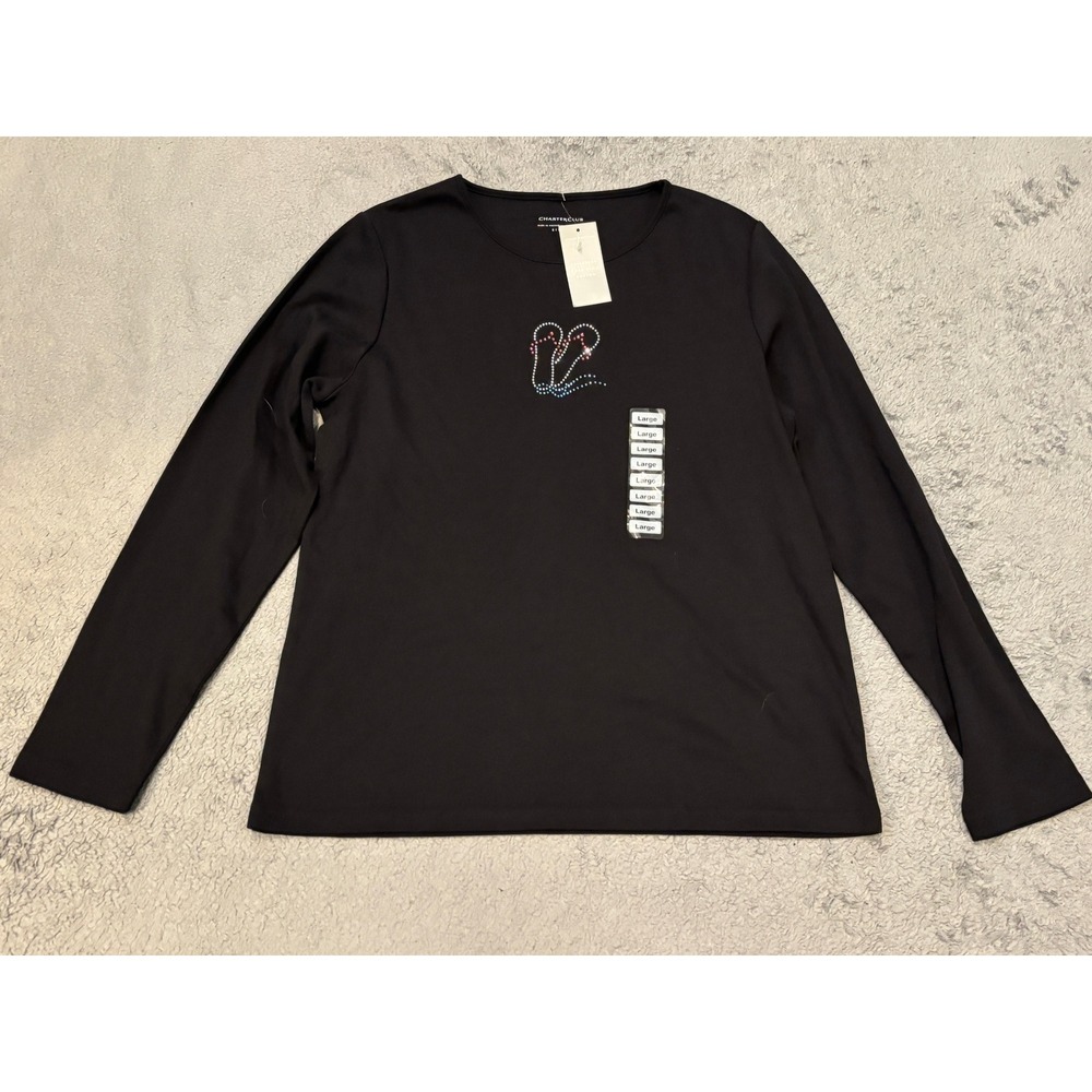 Charter Club Womens Pima Cotton Long Sleeve Rhinestone Flip Flop Top Black Large